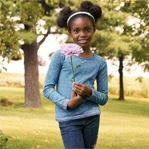 Matilda Jane Top Girls Size 4 Brisk Days Long Sleeve Blue Pink Polka Dot Excelle